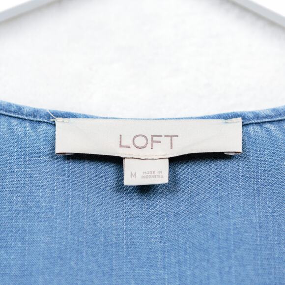 LOFT Chambray Ruffle Flounce Dress Dropped Waist Soft Lyocell Linen Blue Sz M - Picture 8 of 9